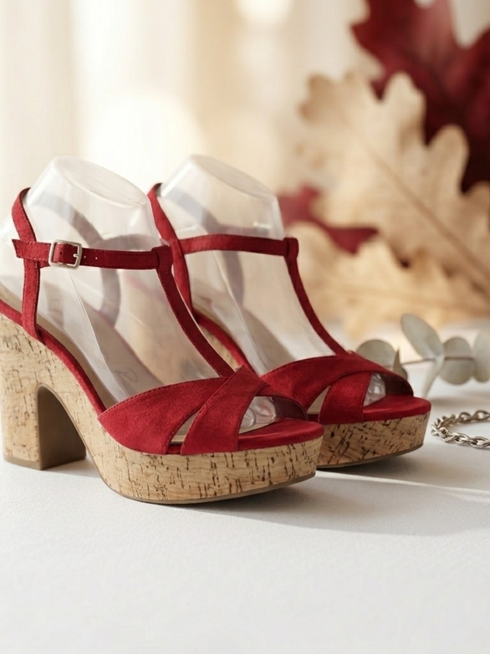 American Rag Cie Red Faux Suede Platform Wedge Sandals Cork Heel Size 10W Wide
